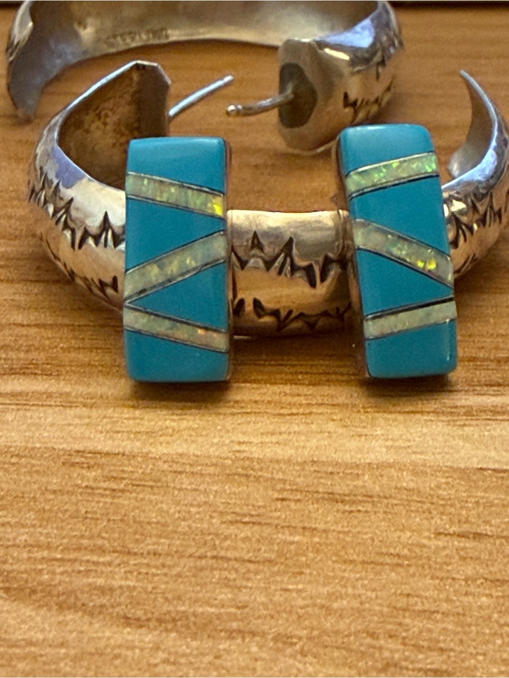VTG Sterling Silver Turquoise Inlay Earrings with Opal - Native Zuni? Signed SM